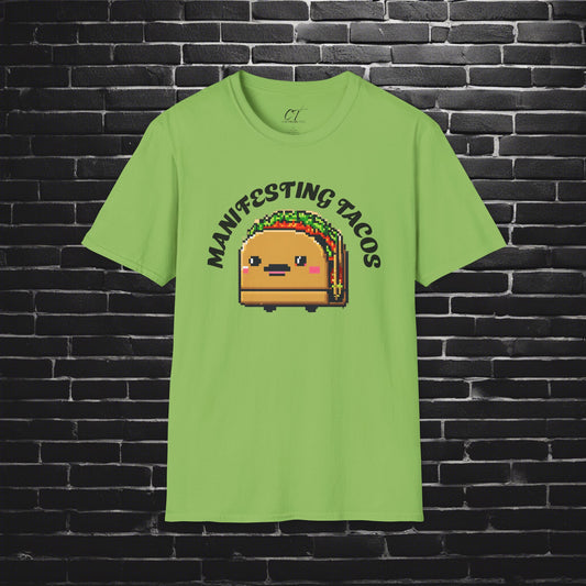 Manifesting Tacos, 8 bit art, manifesting, positive, food shirts, Cute shirt, Funny shirt, Funny Gift, Humorous Shirt
