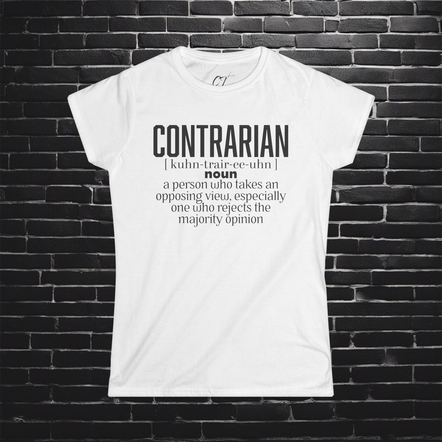 Contrarian, Women's Softstyle Tee - Statement T-Shirt, Gift for Debate Lovers, Casual Wear, Unique Definition Shirt, Opposing Viewpoint Tee