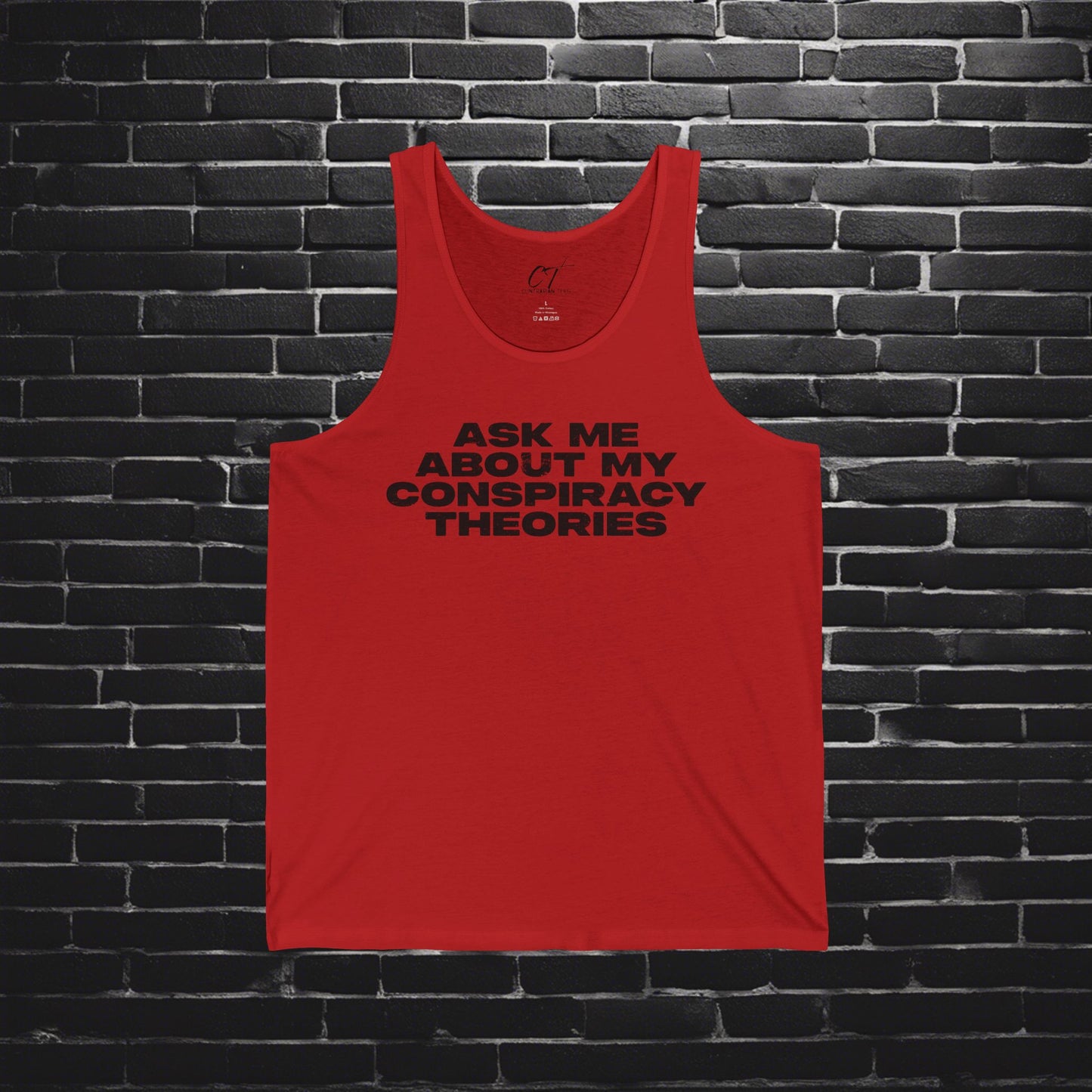 Ask me about my Conspiracy Theories, Funny Graphic Tee, Unisex Jersey Tank, Humor Apparel, Summer Essentials, Gift for Debate Lovers